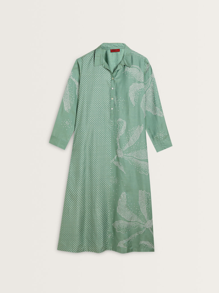 Zuba Green Bandhani Printed A-Line Kurta