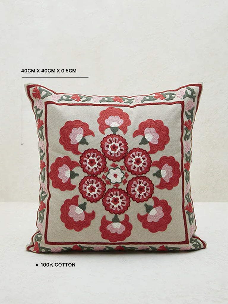 Westside Home Red Sujani Floral Embroidered Cushion Cover