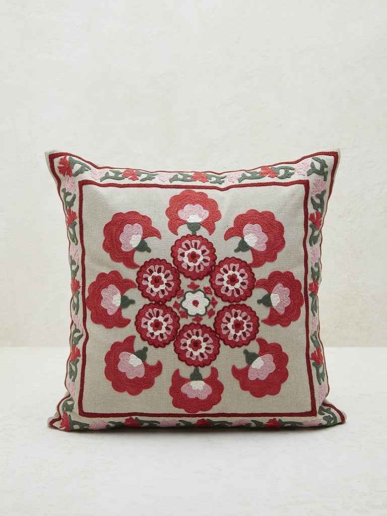 Westside Home Red Sujani Floral Embroidered Cushion Cover