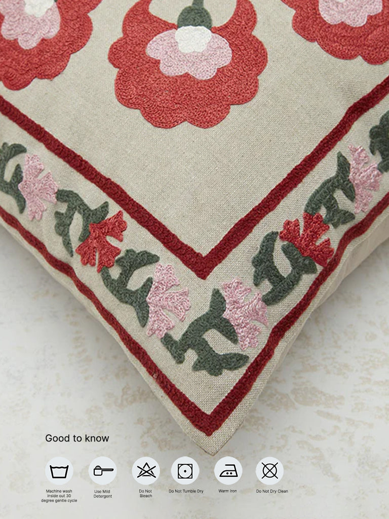 Westside Home Red Sujani Floral Embroidered Cushion Cover