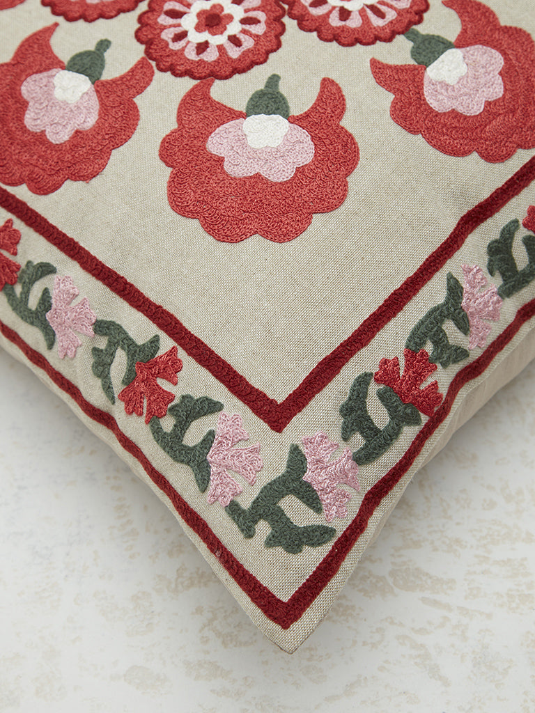 Westside Home Red Sujani Floral Embroidered Cushion Cover