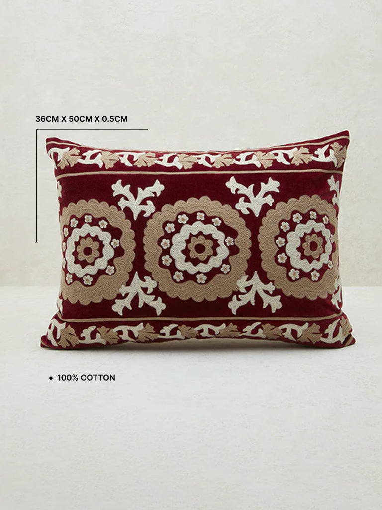 Westside Home Maroon Sujani Floral Embroidered Cushion Cover