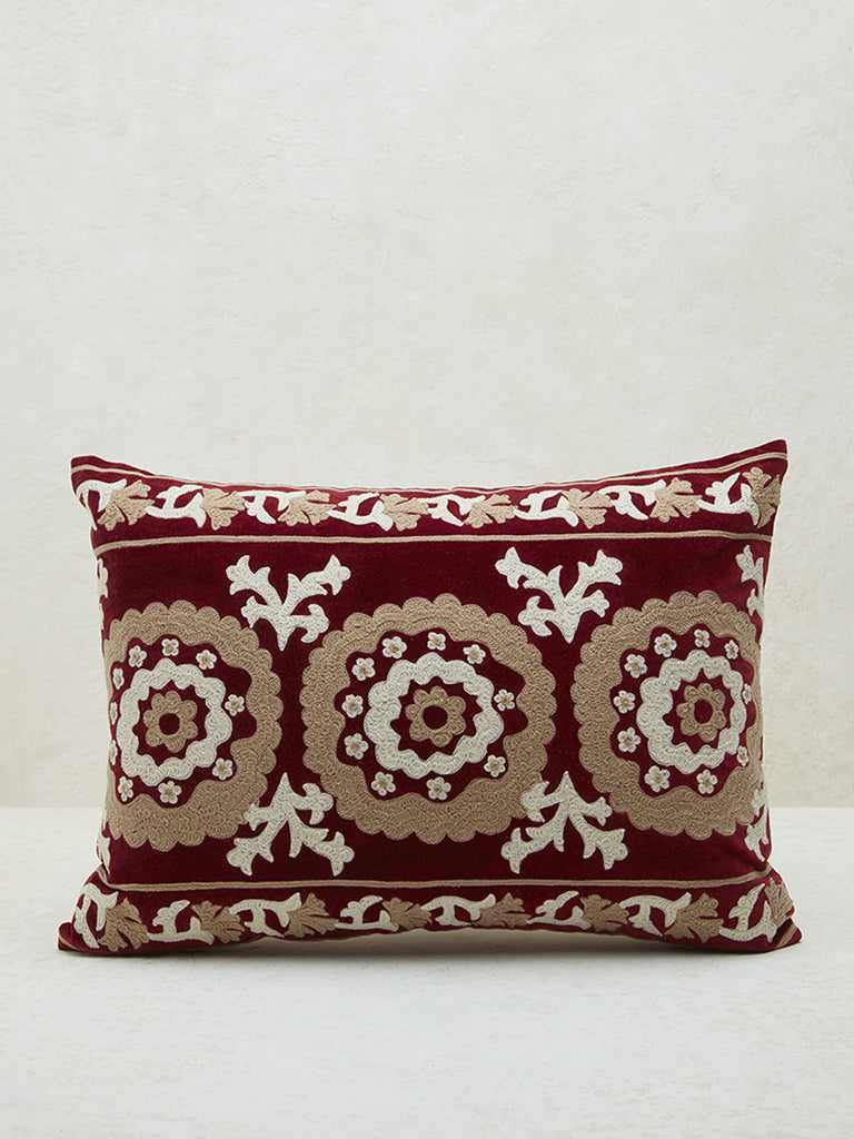 Westside Home Maroon Sujani Floral Embroidered Cushion Cover