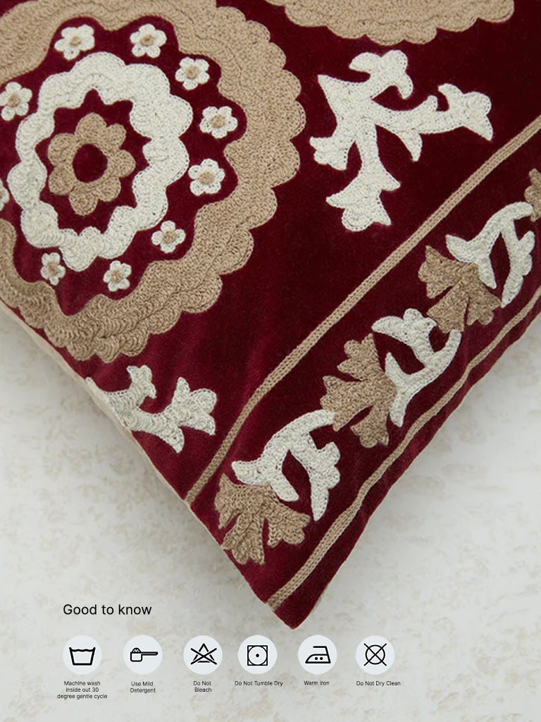 Westside Home Maroon Sujani Floral Embroidered Cushion Cover