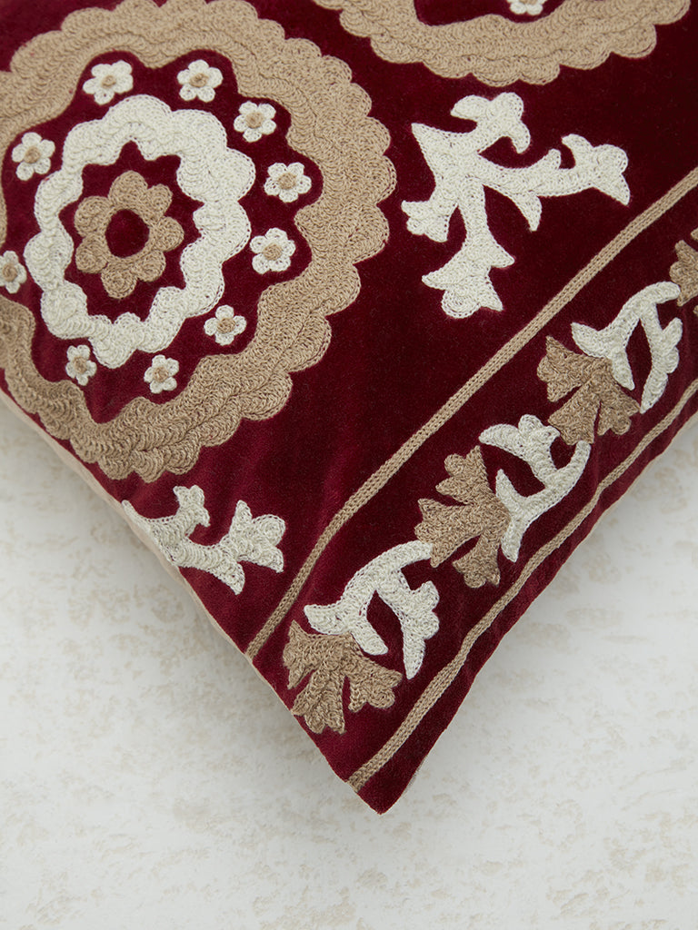 Westside Home Maroon Sujani Floral Embroidered Cushion Cover