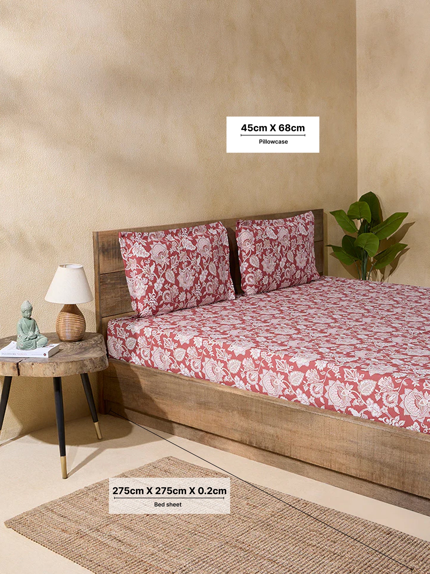 Westside Home Red Floral Design King Bed Flat Sheet and Pillowcase Set