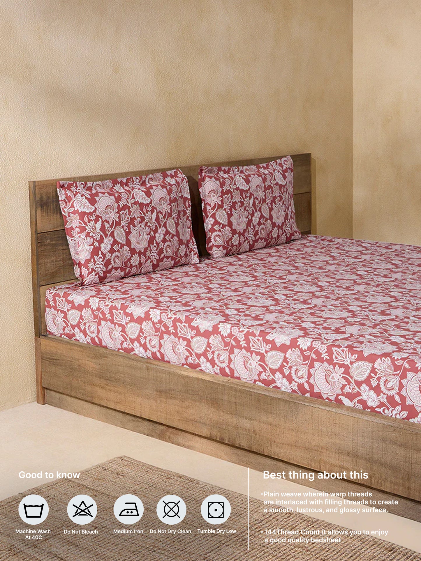 Westside Home Red Floral Design King Bed Flat Sheet and Pillowcase Set