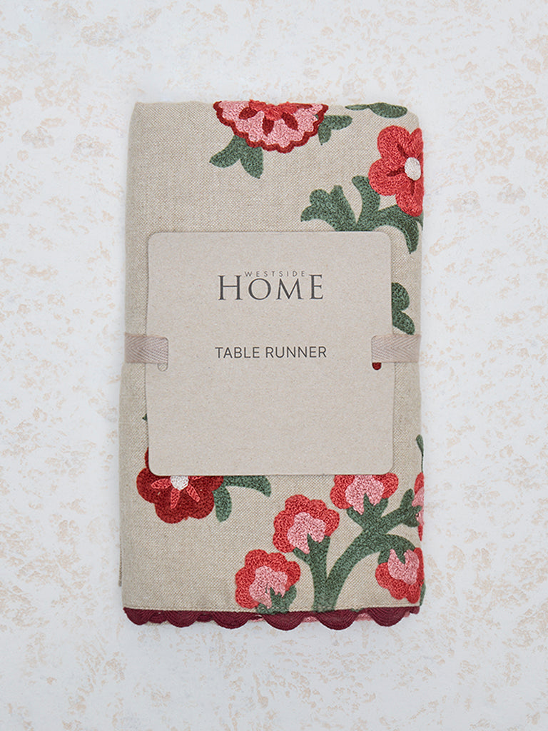 Westside Home Red Sujani Floral Embroidered Table Runner