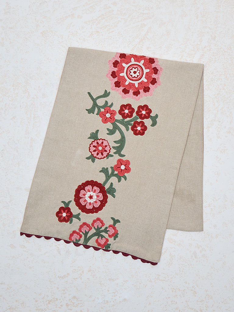 Westside Home Red Sujani Floral Embroidered Table Runner