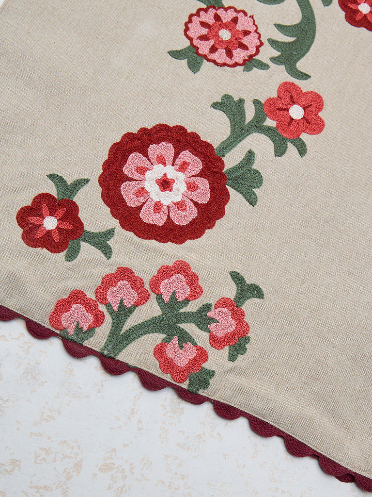 Westside Home Red Sujani Floral Embroidered Table Runner