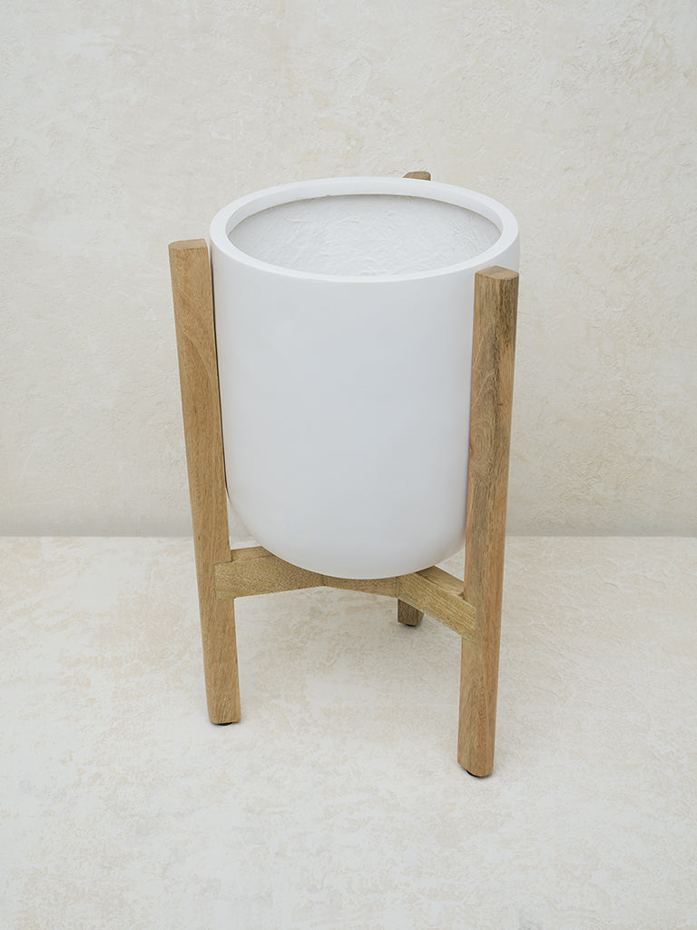 Westside Home White Marble Planter on Wooden Stand