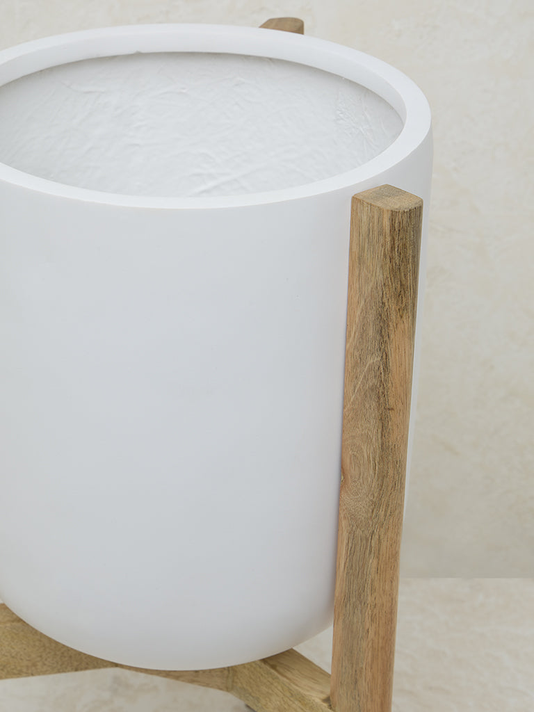 Westside Home White Marble Planter on Wooden Stand