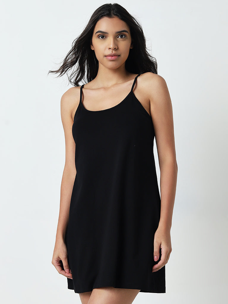 Wunderlove Solid Black Cotton Blend Slip