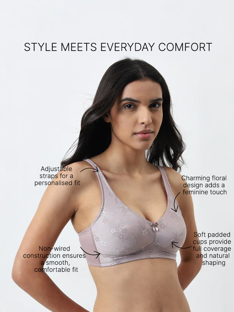 Wunderlove Mauve Floral Designed Padded Comfort Bra