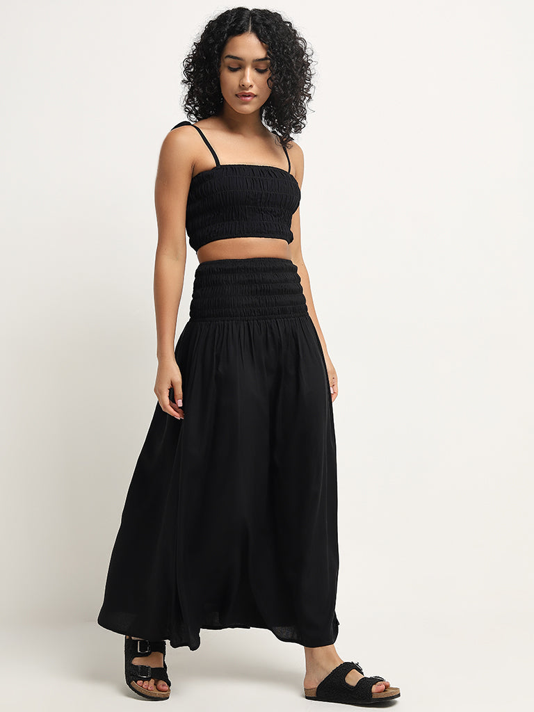 Wunderlove Black Smocked High-Rise Maxi Cotton Skirt