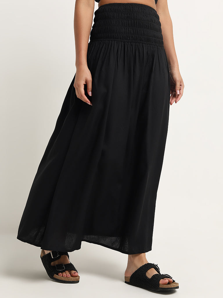 Wunderlove Black Smocked High-Rise Maxi Cotton Skirt