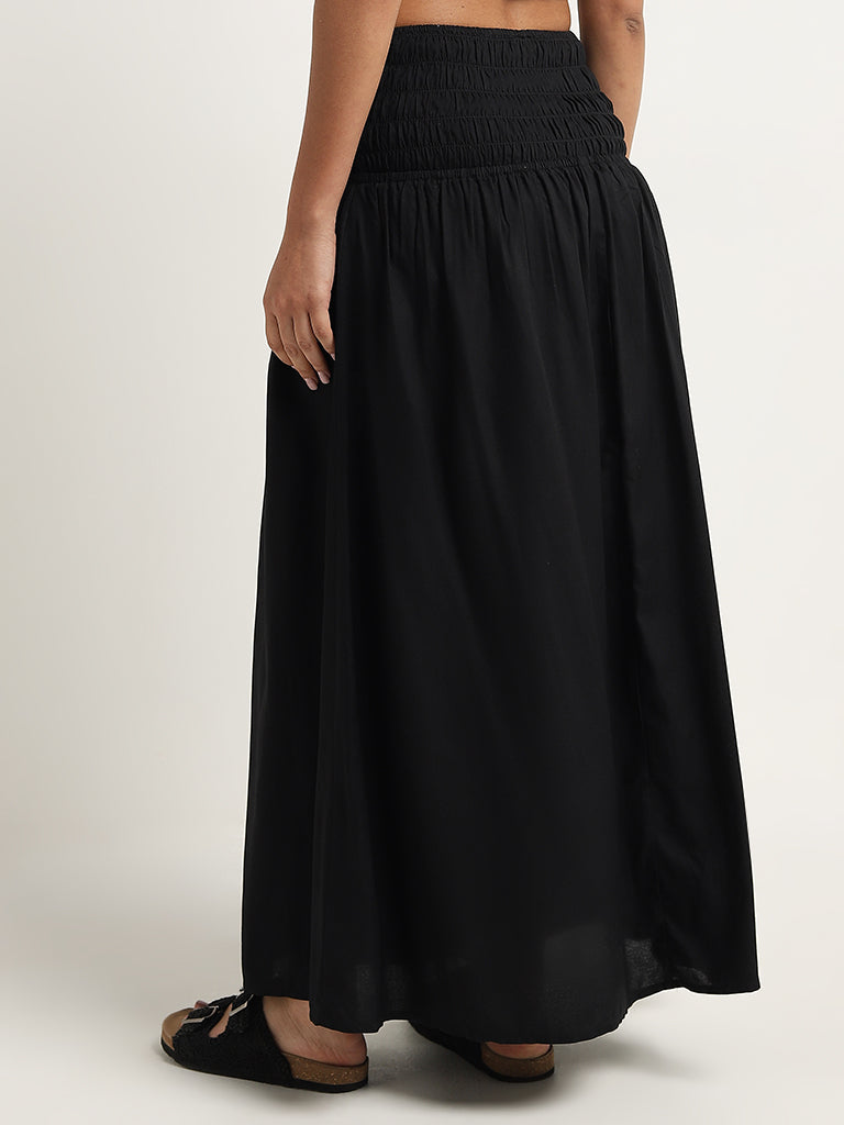 Wunderlove Black Smocked High-Rise Maxi Cotton Skirt