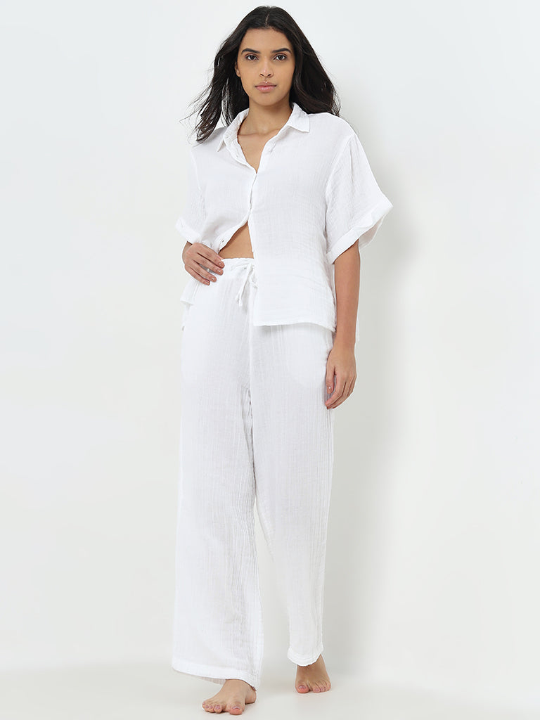 Wunderlove White Crinkled High-Rise Cotton Beach Pants