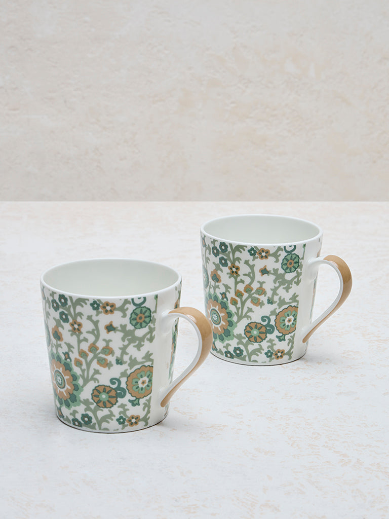 Westside Home Mint Sujani Floral Design Mugs - (Set of 2)