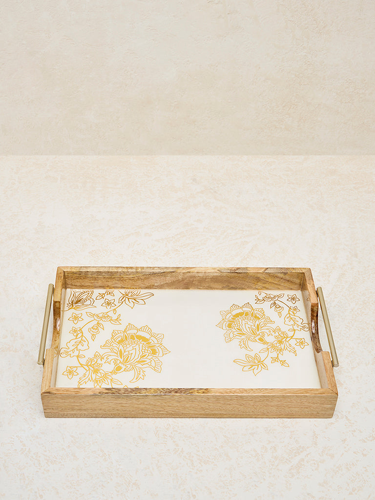 Westside Home Beige Floral Design Wooden Serving Tray