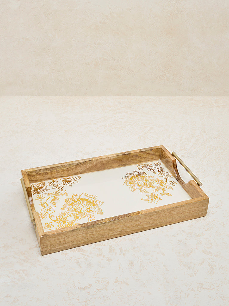 Westside Home Beige Floral Design Wooden Serving Tray