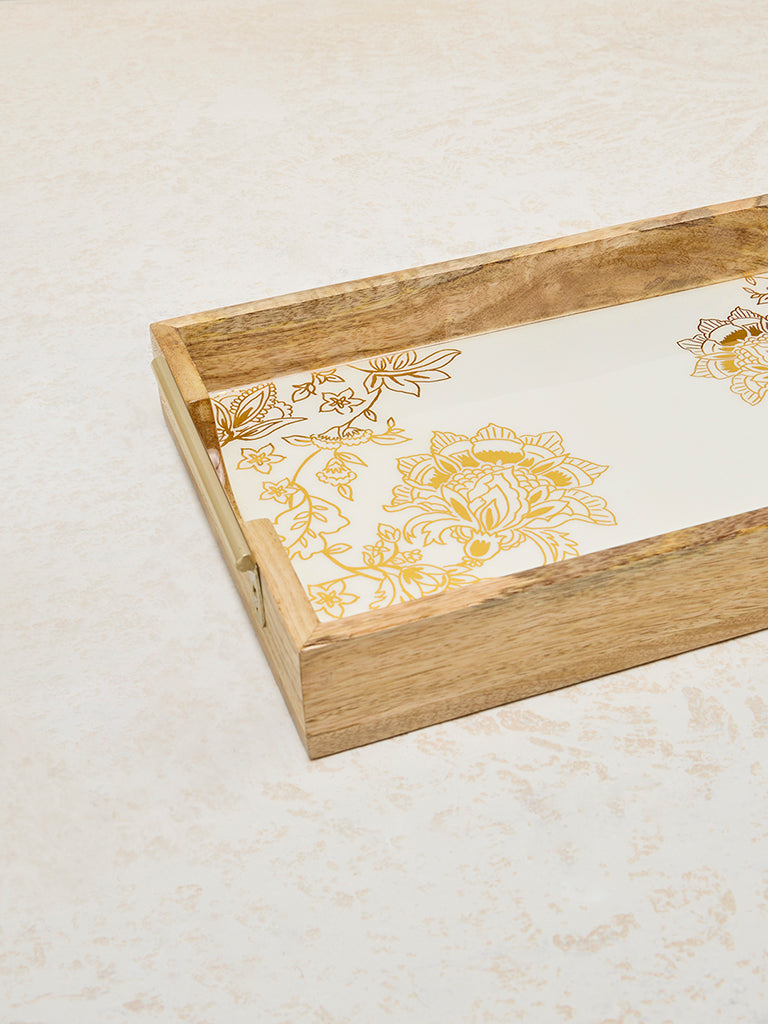 Westside Home Beige Floral Design Wooden Serving Tray