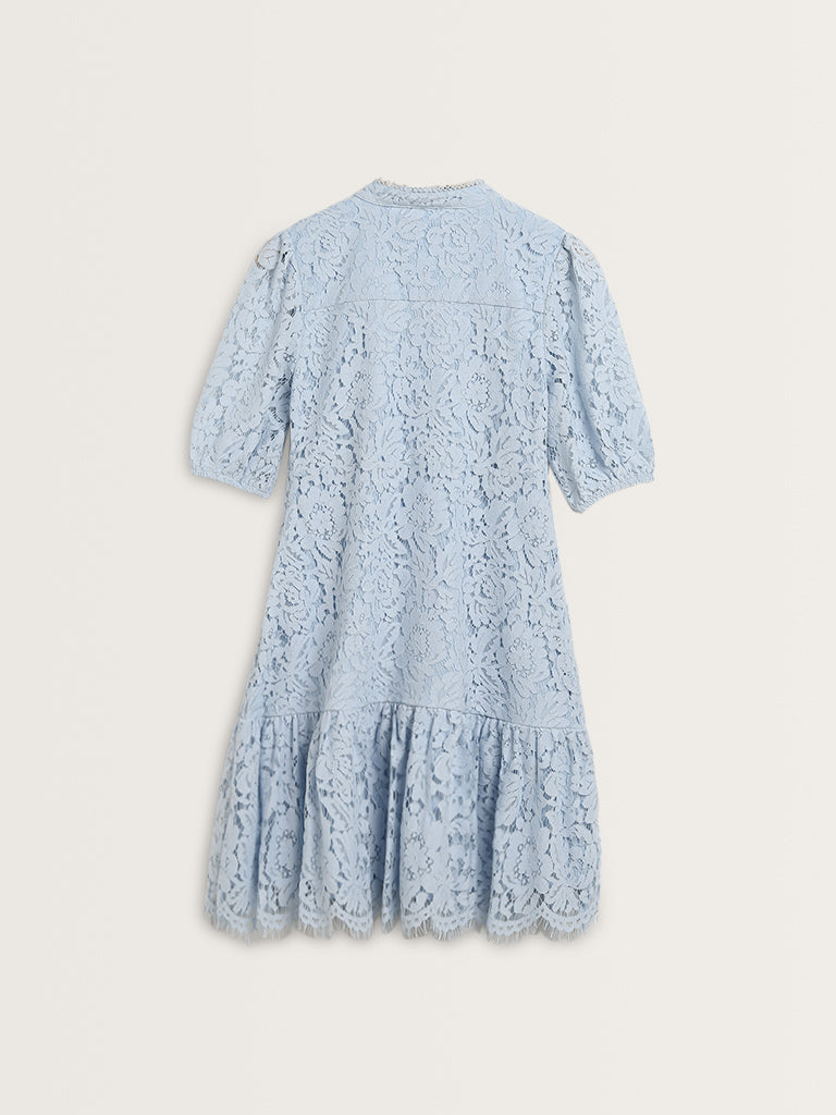 Wardrobe Light Blue Lace Design A-Line Dress