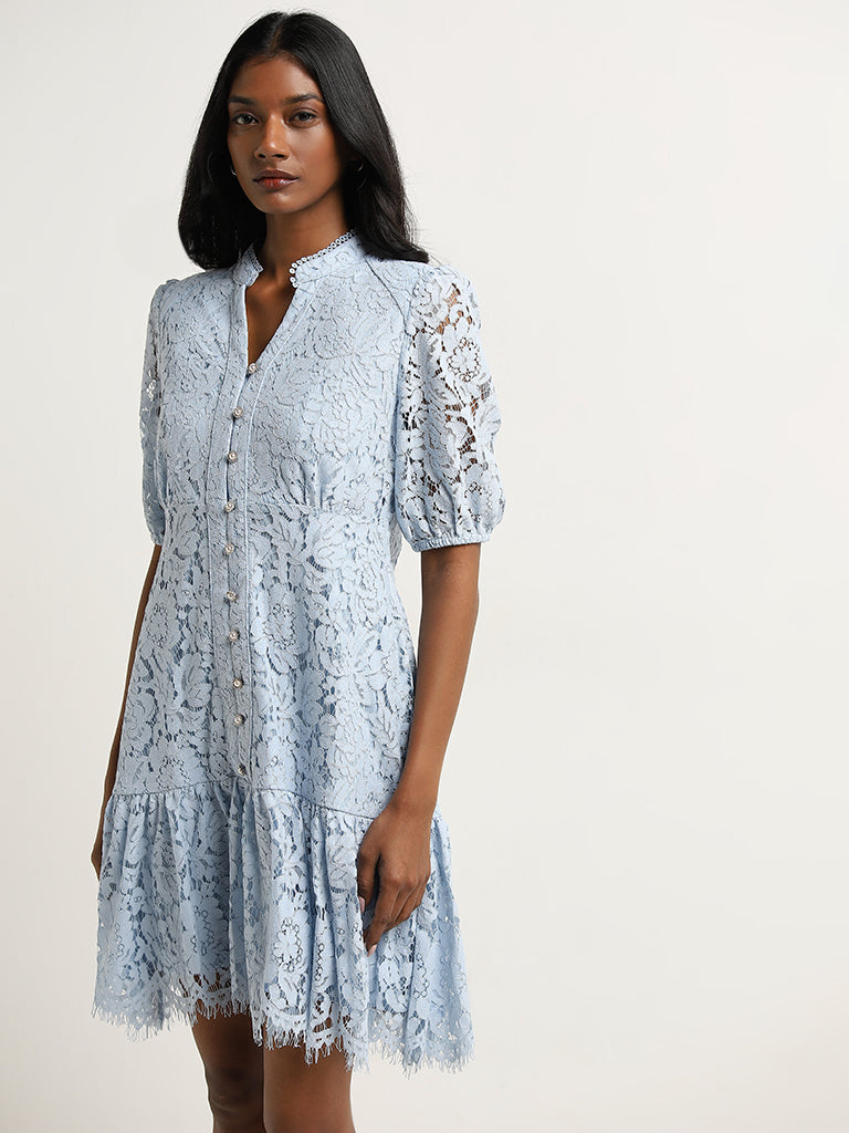 Wardrobe Light Blue Lace Design A-Line Dress