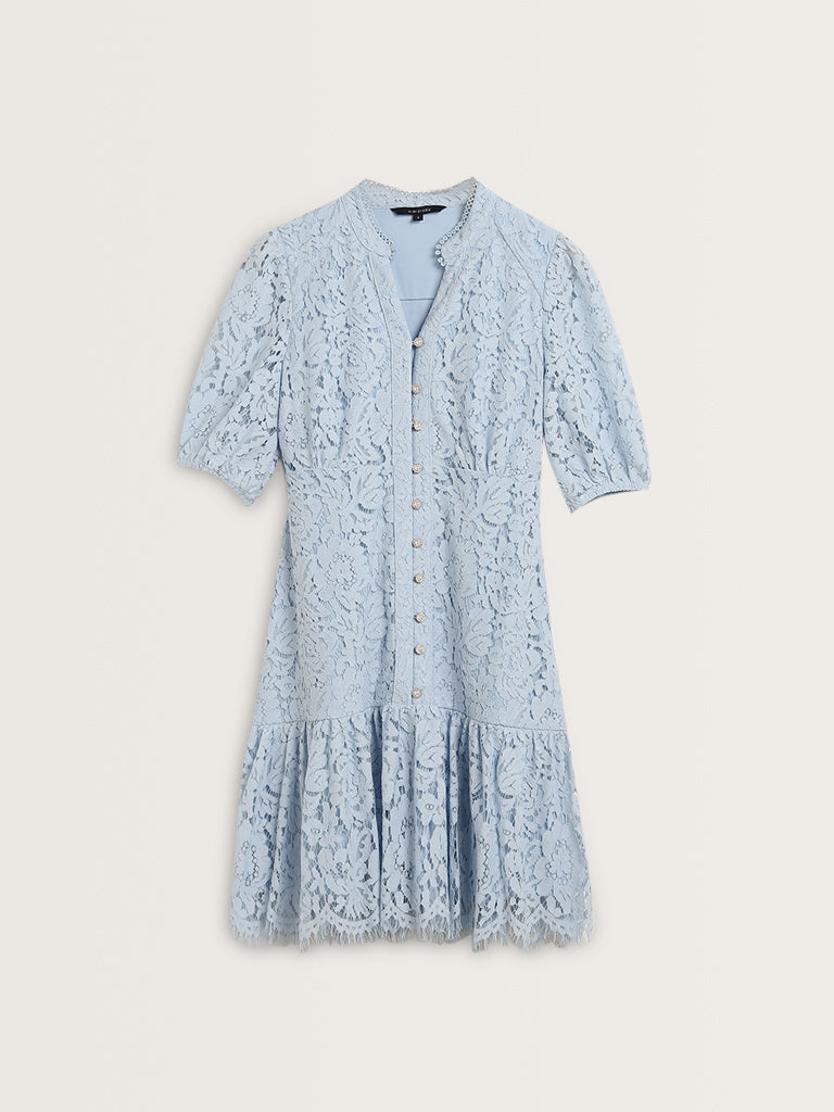 Wardrobe Light Blue Lace Design A-Line Dress