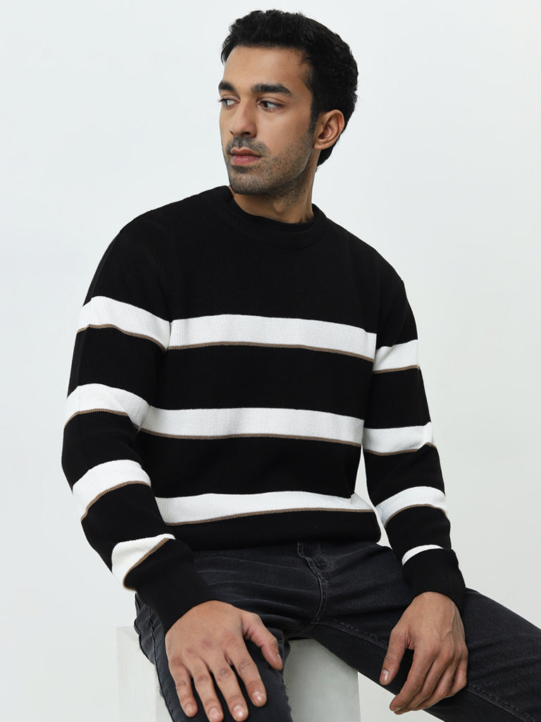 Ascot Black Stripe Printed Relaxed-Fit Cotton Sweater