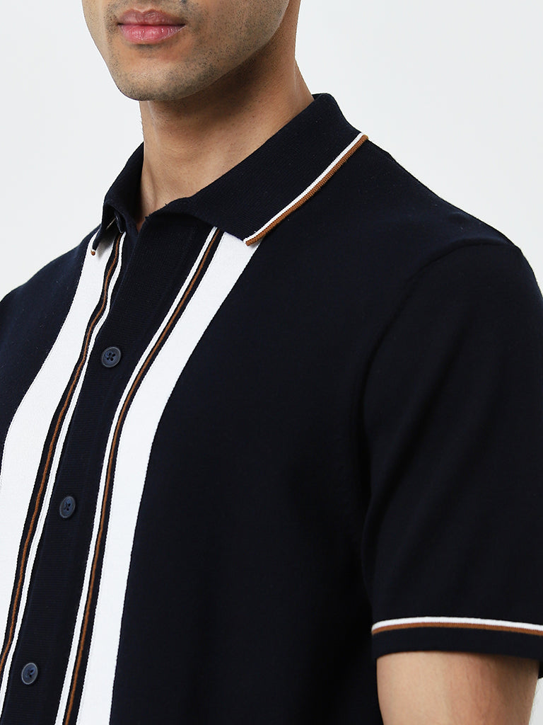 Ascot Navy Colour blocked Relaxed-Fit Shirt