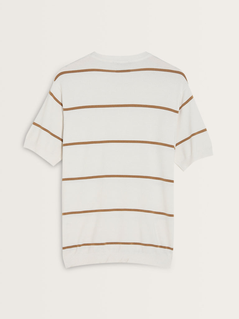 Ascot Beige Stripe Printed Relaxed-Fit Knitted T-Shirt