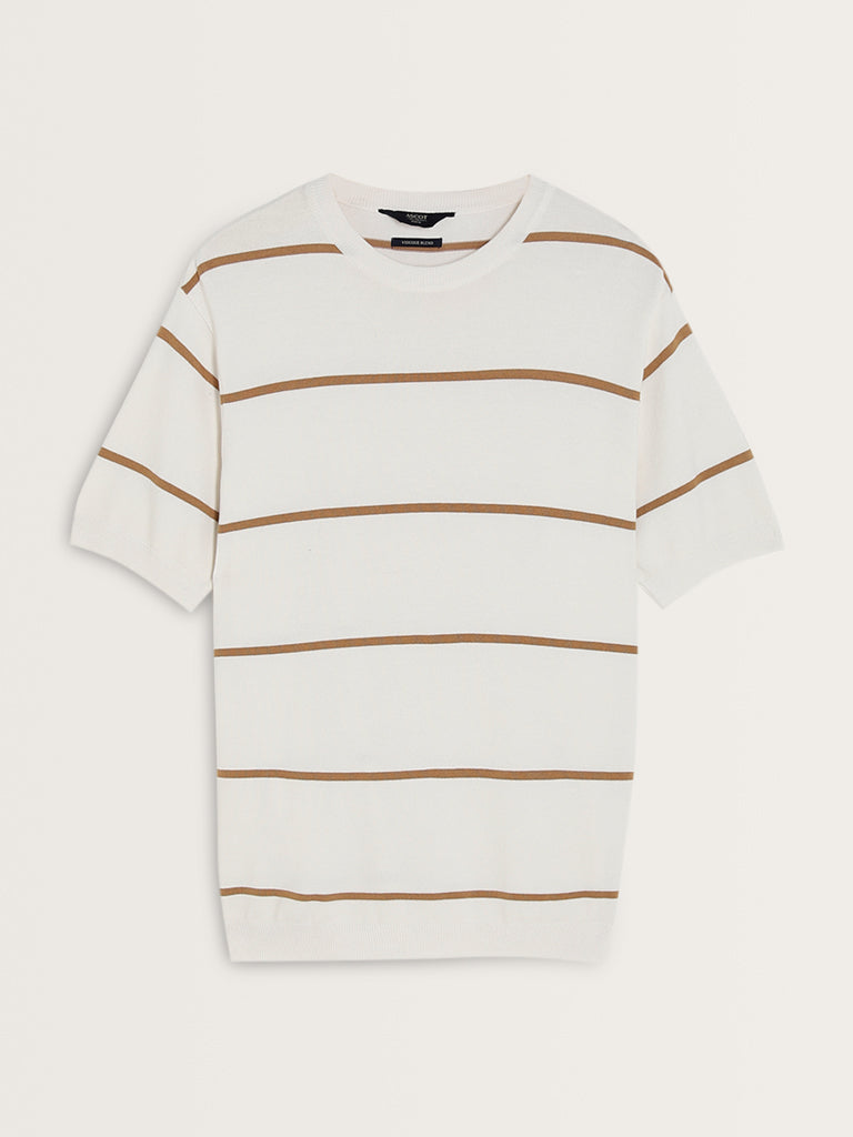 Ascot Beige Stripe Printed Relaxed-Fit Knitted T-Shirt