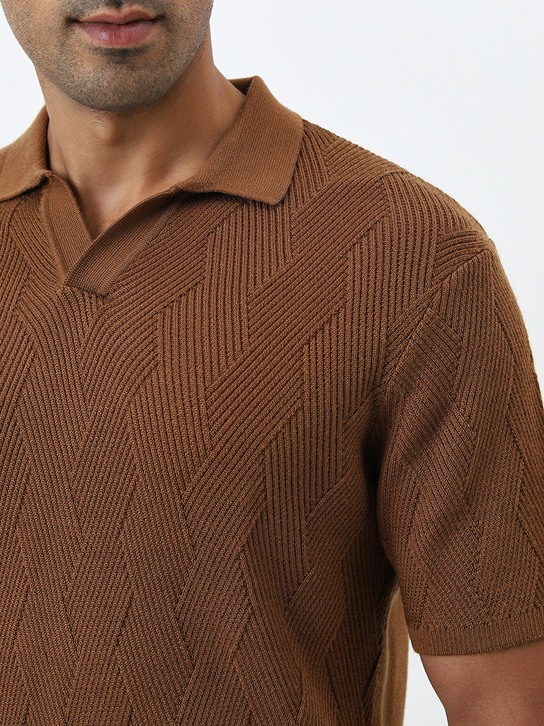 Ascot Tan Knit-Textured Relaxed-Fit Polo T-Shirt