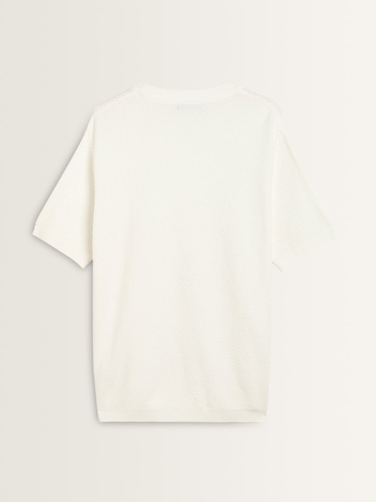 Ascot White Self-Textured Relaxed-Fit Cotton T-Shirt