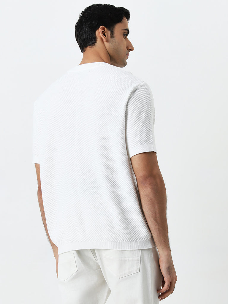 Ascot White Self-Textured Relaxed-Fit Cotton T-Shirt