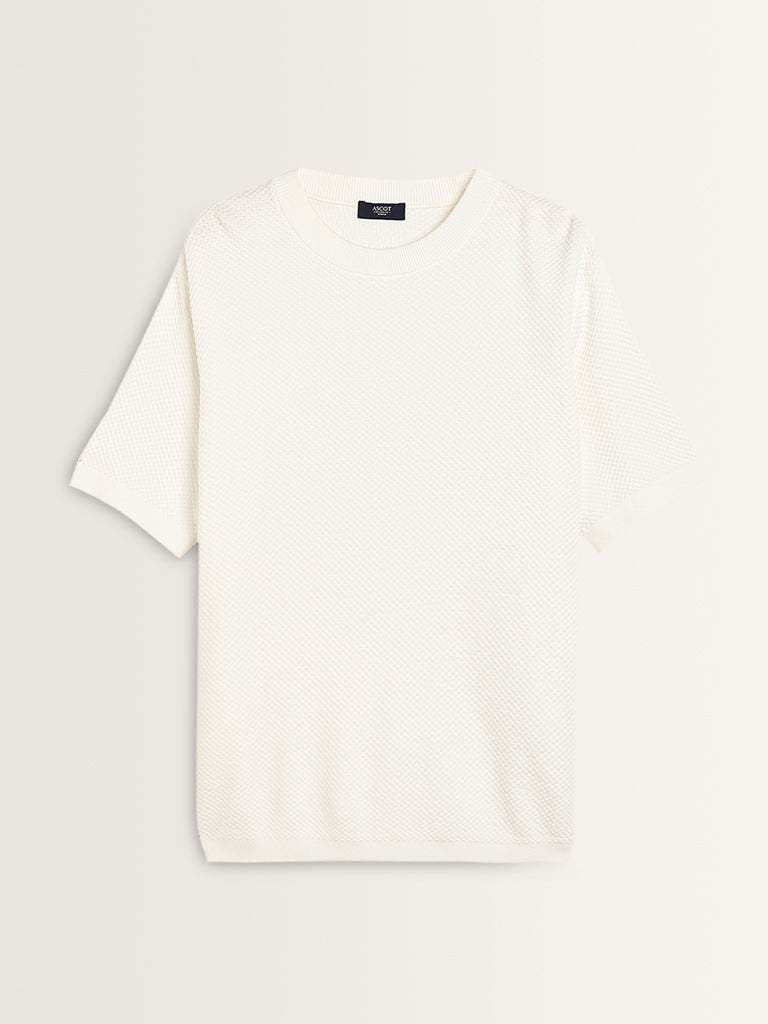 Ascot White Self-Textured Relaxed-Fit Cotton T-Shirt