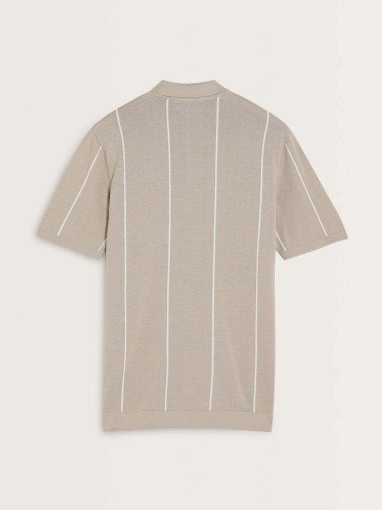 Ascot Beige Stripe Printed Relaxed-Fit Cotton Polo T-Shirt