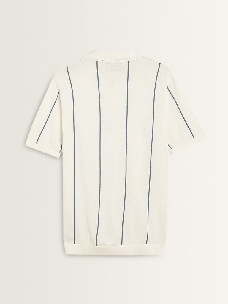 Ascot White Stripe Pattern Relaxed-Fit Cotton Polo T-Shirt