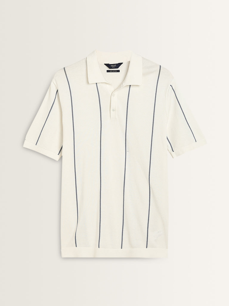 Ascot White Stripe Pattern Relaxed-Fit Cotton Polo T-Shirt