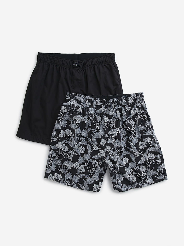 WES Lounge Black Floral Printed Cotton Boxers - Pack of 2