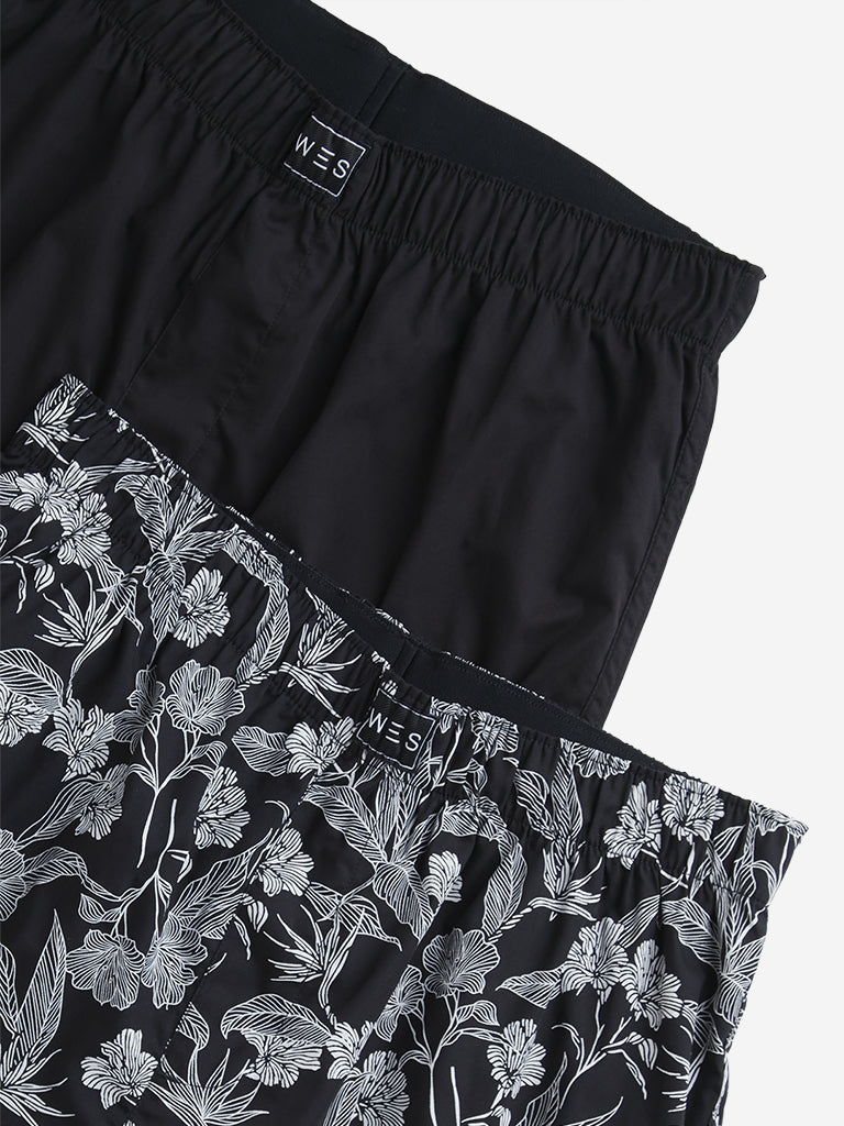 WES Lounge Black Floral Printed Cotton Boxers - Pack of 2