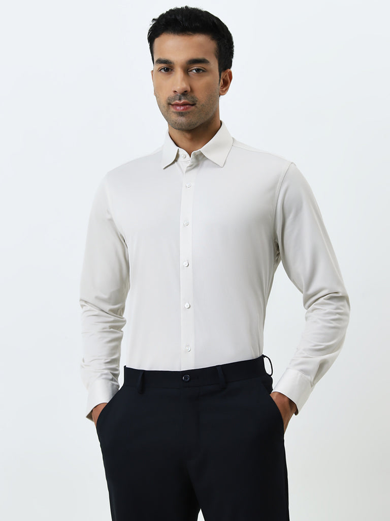 WES Formals Beige Solid Slim Fit Shirt