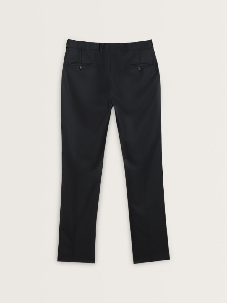 WES Formals Black Solid Relaxed-Fit Mid-Rise Trousers