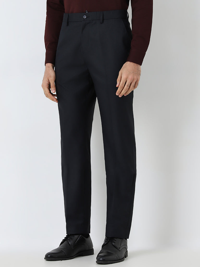 WES Formals Black Solid Relaxed-Fit Mid-Rise Trousers