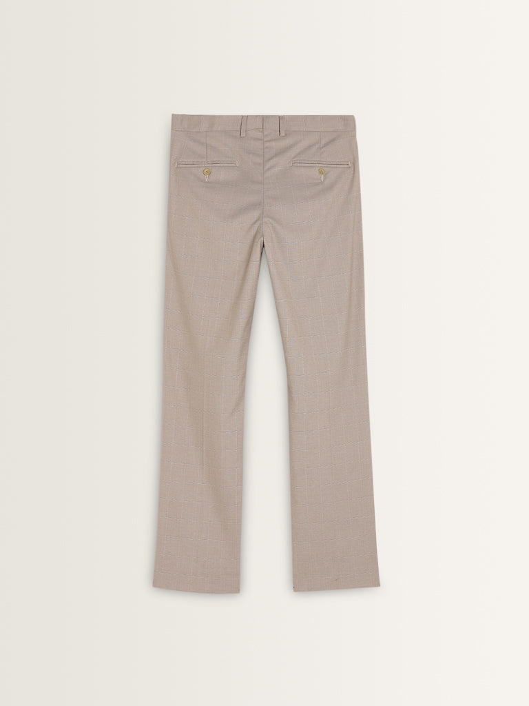 WES Formals Beige Mid-Rise Slim-Fit Trousers