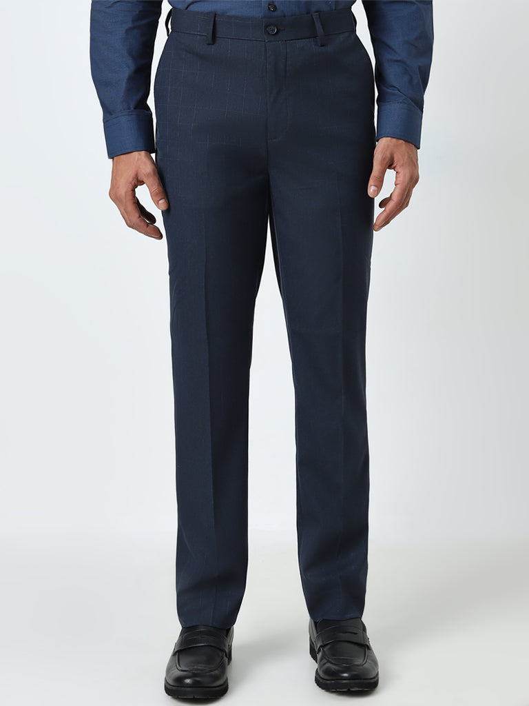 WES Formals Navy Checkered Slim-Fit Mid-Rise Trousers