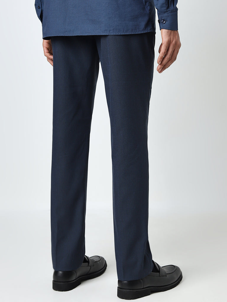 WES Formals Navy Checkered Slim-Fit Mid-Rise Trousers