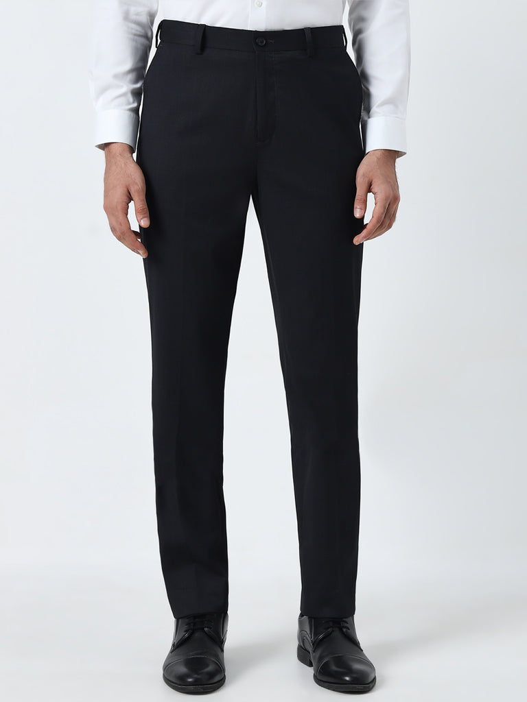 WES Formals Black Mid-Rise Slim-Fit Trousers