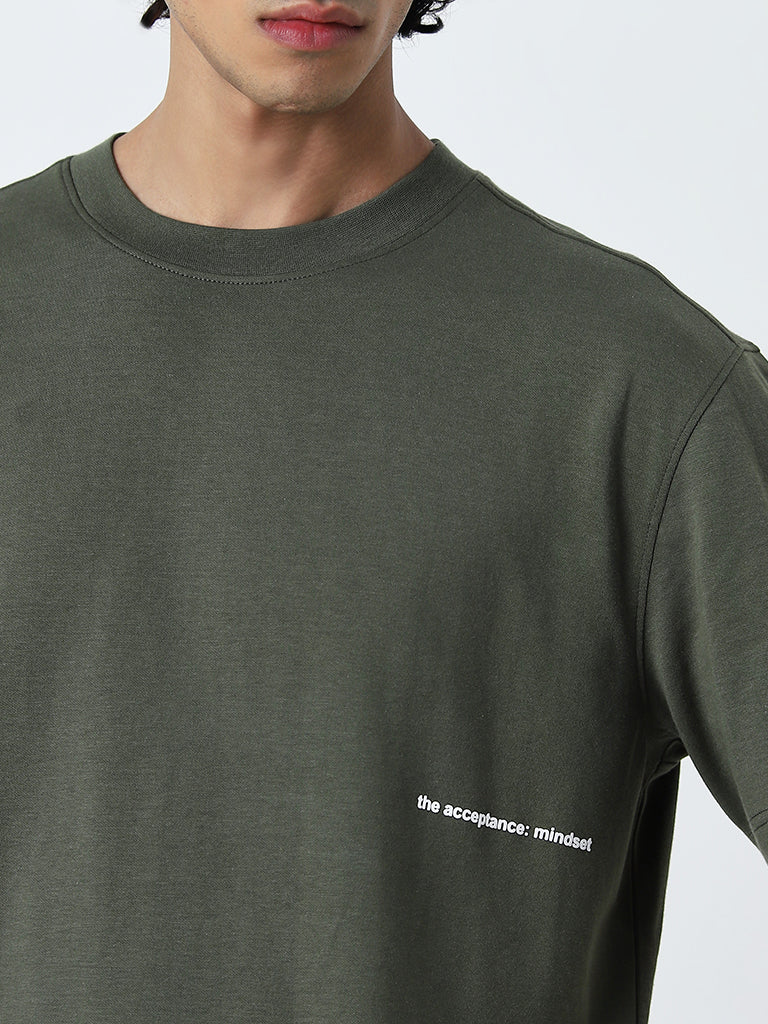 Studiofit Olive Text Printed Relaxed-Fit T-Shirt